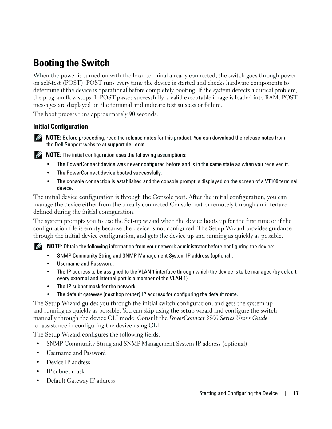 Dell 35XX manual Booting the Switch, Initial Configuration 