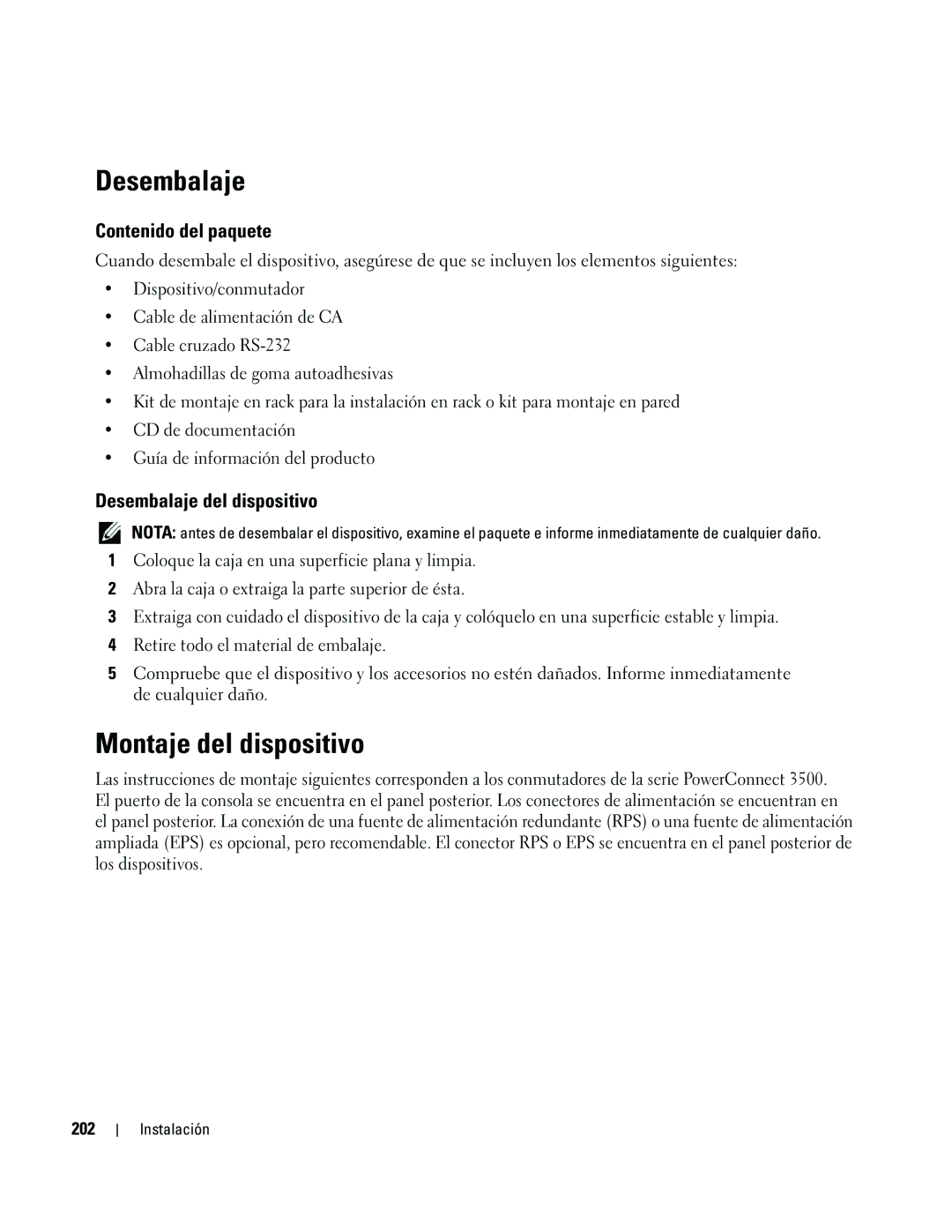 Dell 35XX manual Montaje del dispositivo, Contenido del paquete, Desembalaje del dispositivo, 202 