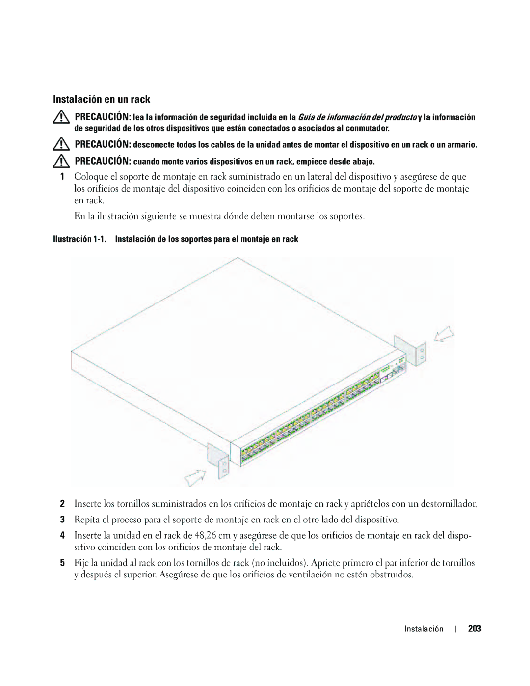 Dell 35XX manual Instalación en un rack, 203 