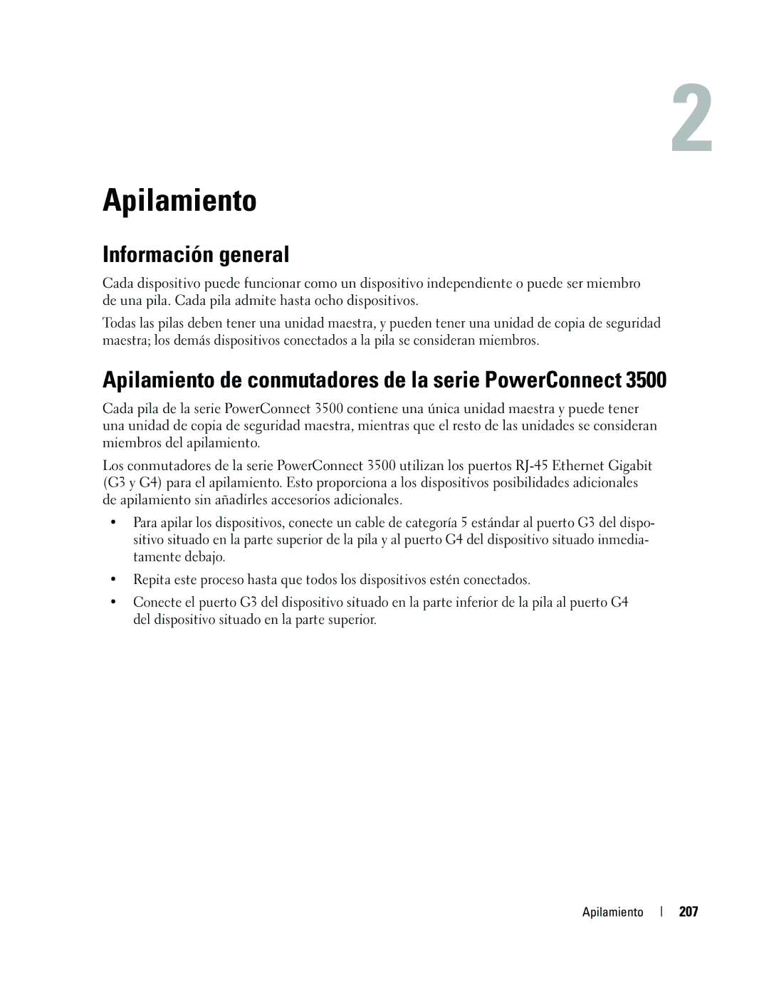 Dell 35XX manual Información general, Apilamiento de conmutadores de la serie PowerConnect, 207 