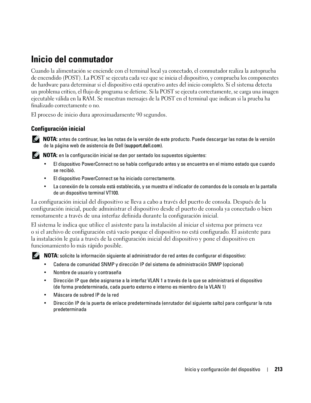 Dell 35XX manual Inicio del conmutador, Configuración inicial, El proceso de inicio dura aproximadamente 90 segundos, 213 