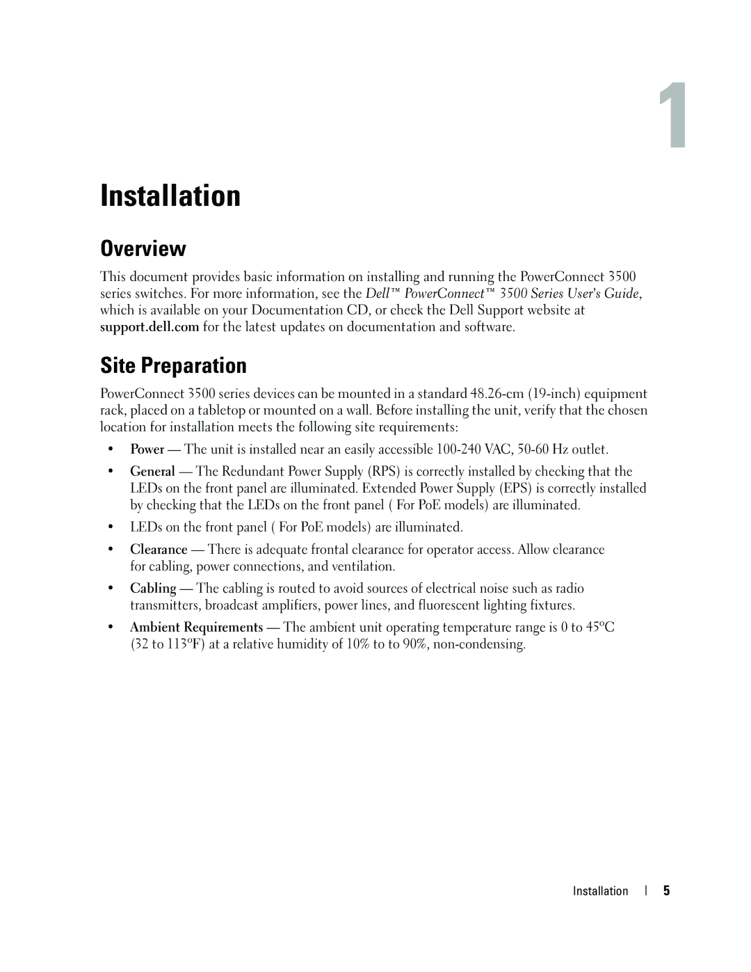 Dell 35XX manual Installation, Overview Site Preparation 