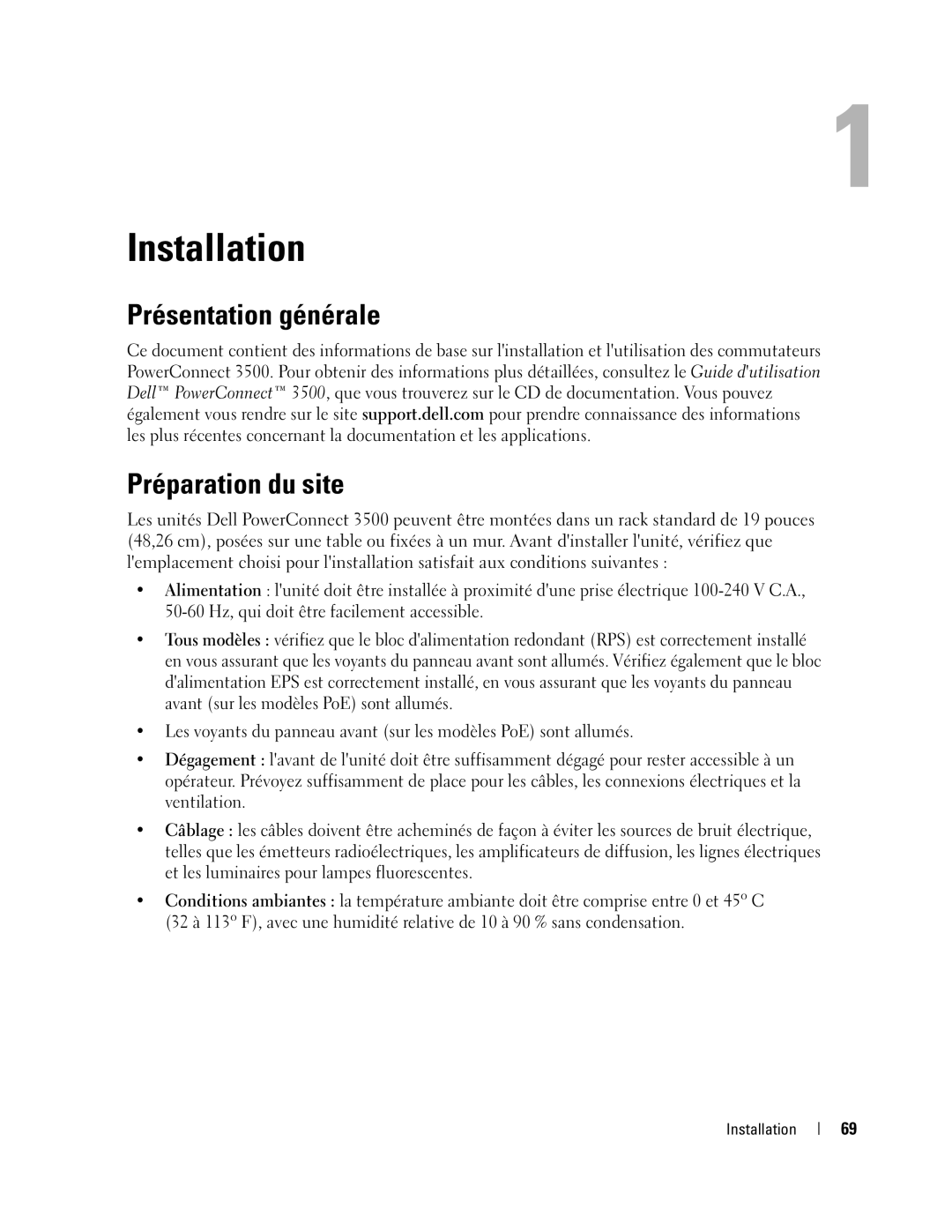 Dell 35XX manual Installation, Présentation générale Préparation du site 