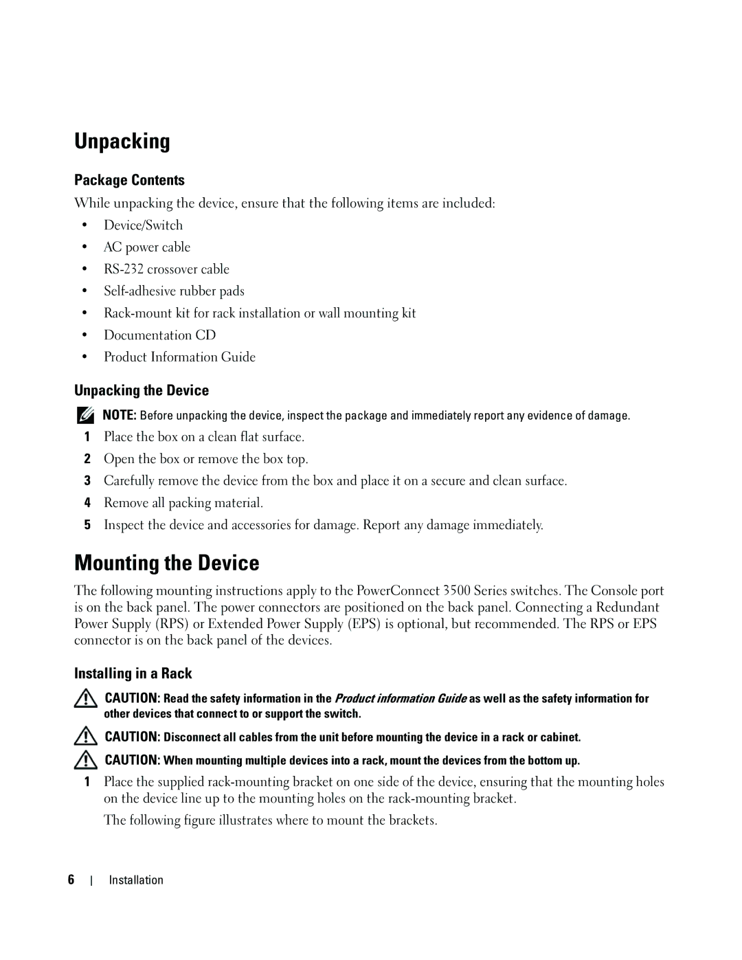 Dell 35XX manual Mounting the Device, Package Contents, Unpacking the Device, Installing in a Rack 