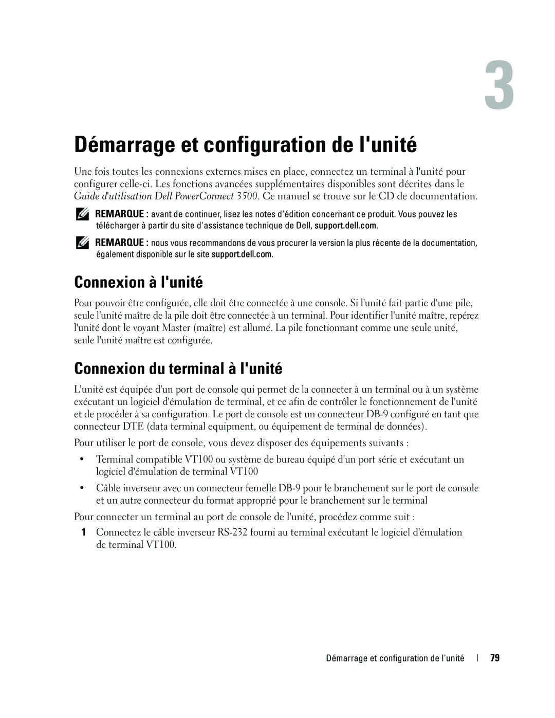 Dell 35XX manual Démarrage et configuration de lunité, Connexion à lunité, Connexion du terminal à lunité 