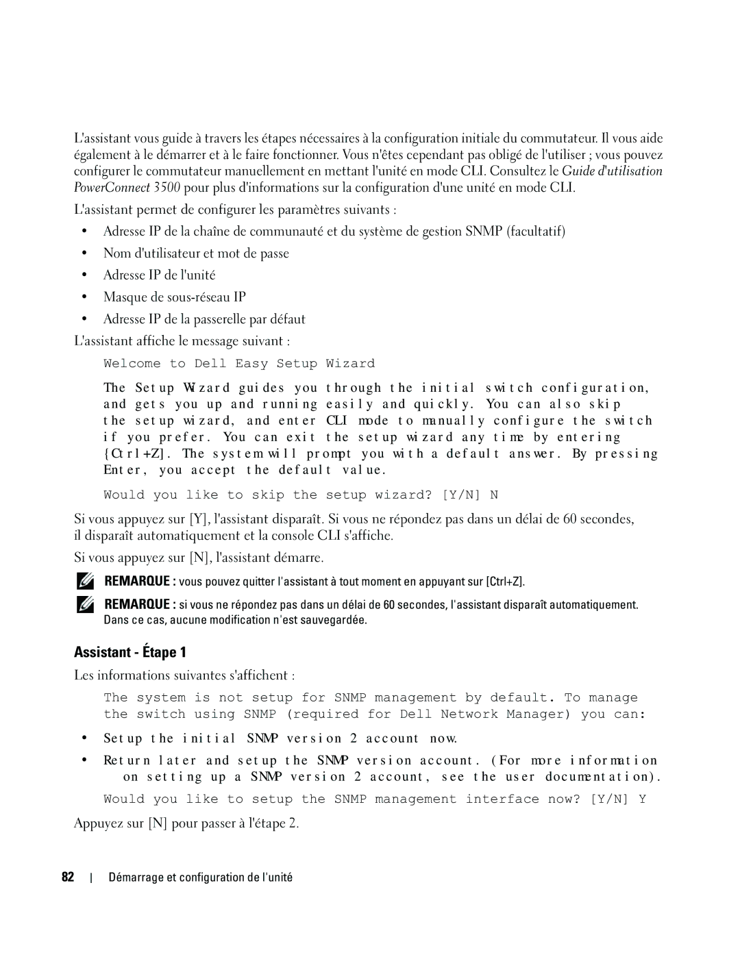 Dell 35XX Assistant Étape, Lassistant permet de configurer les paramètres suivants, Lassistant affiche le message suivant 