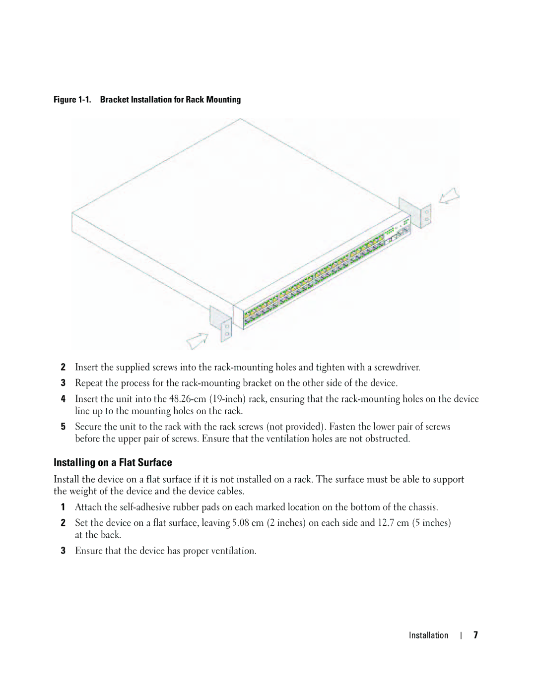 Dell 35XX manual Installing on a Flat Surface, Bracket Installation for Rack Mounting 