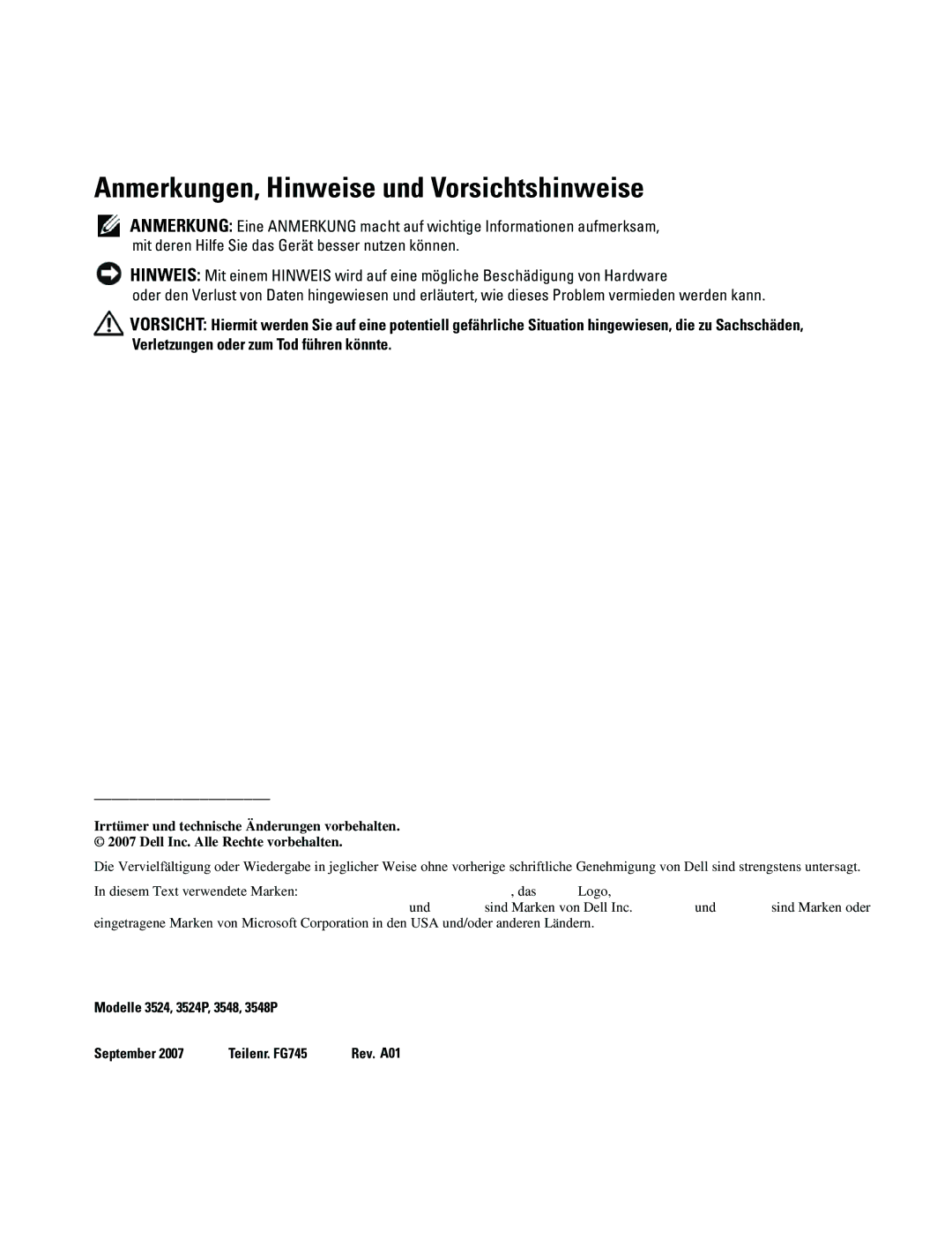 Dell 35XX manual Anmerkungen, Hinweise und Vorsichtshinweise 