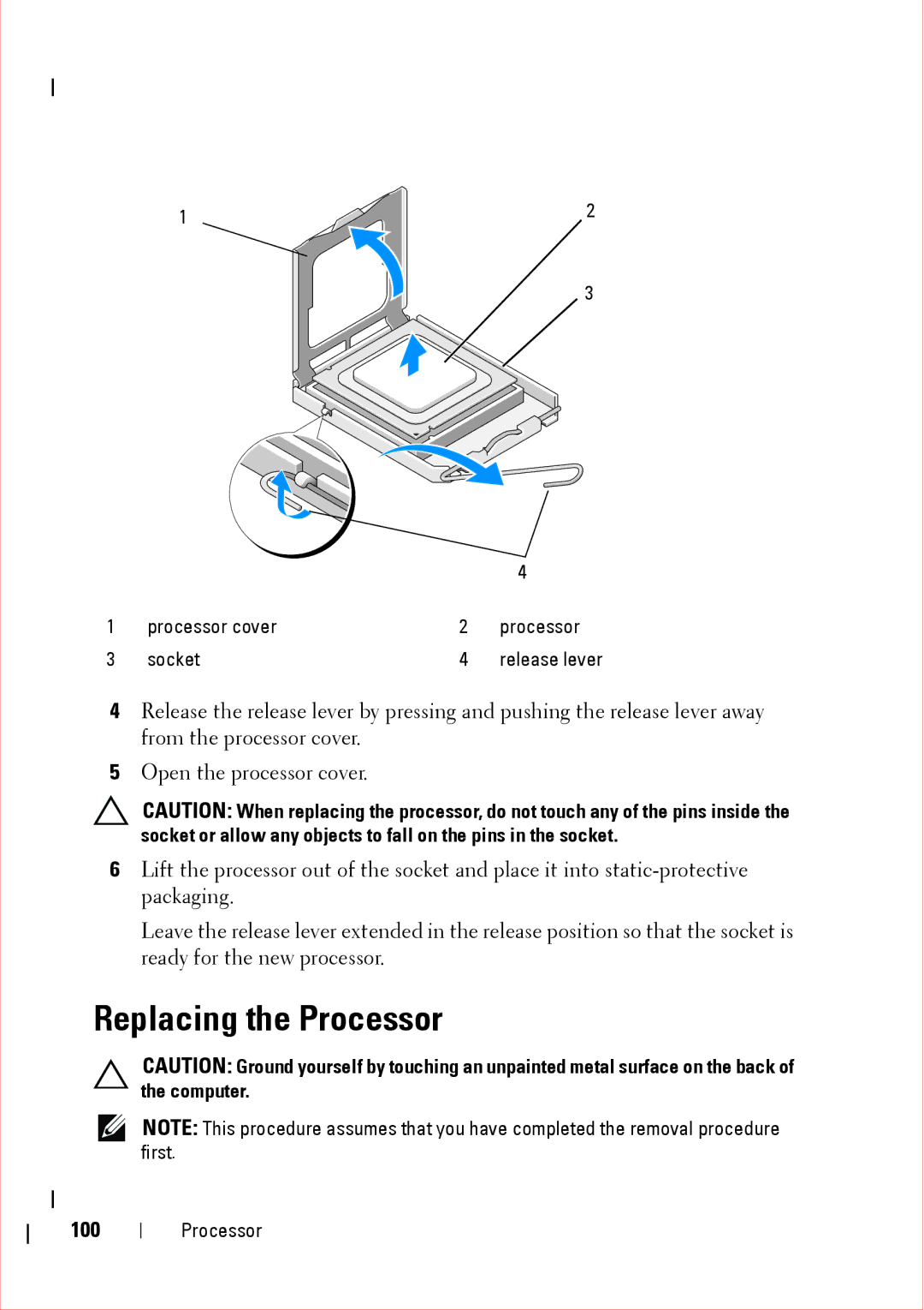 Dell 360 service manual Replacing the Processor, 100 