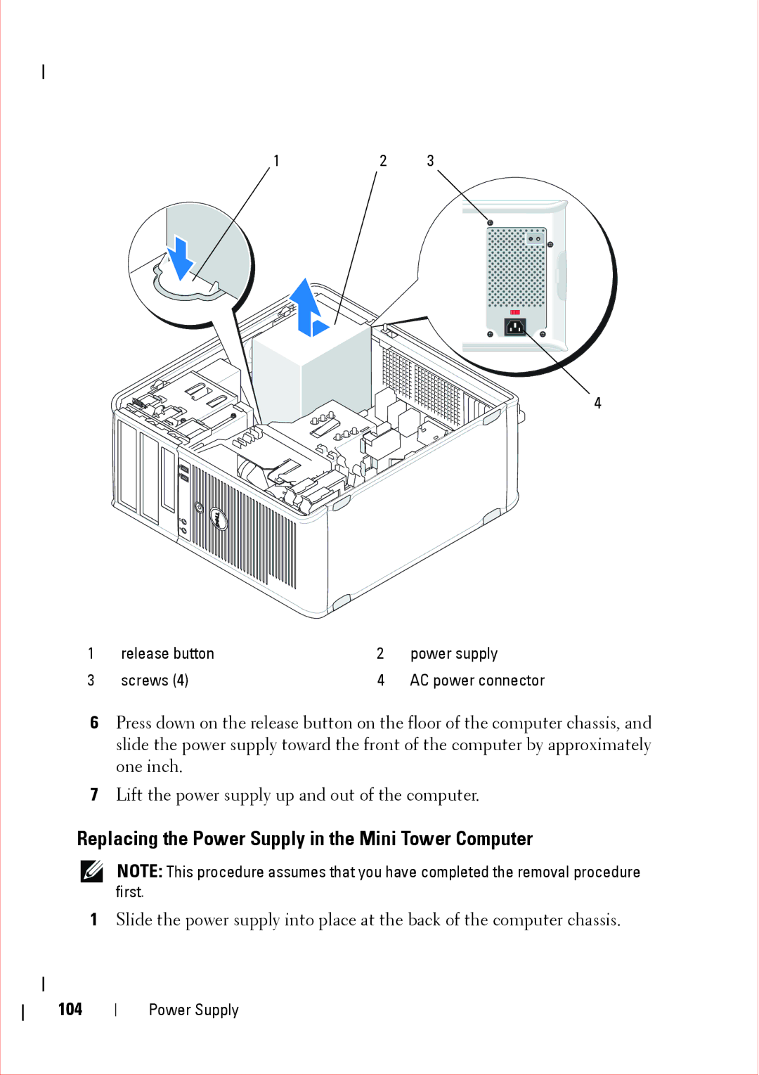 Dell 360 service manual Replacing the Power Supply in the Mini Tower Computer, 104 