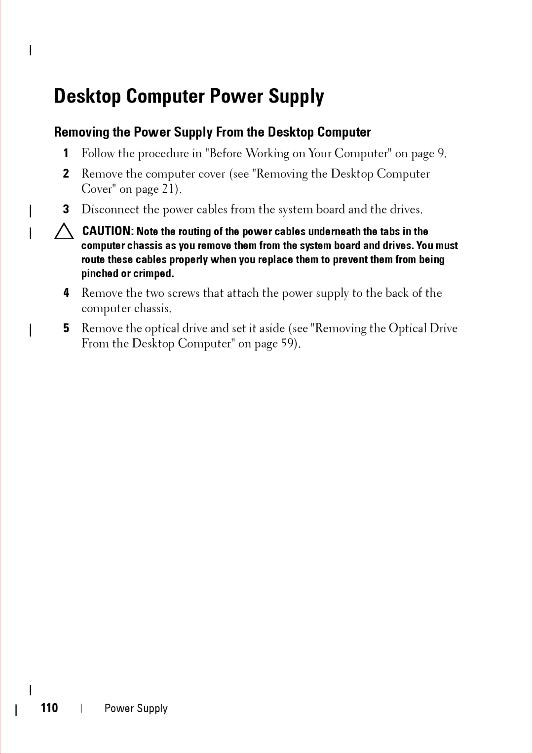 Dell 360 service manual Desktop Computer Power Supply, Removing the Power Supply From the Desktop Computer, 110 