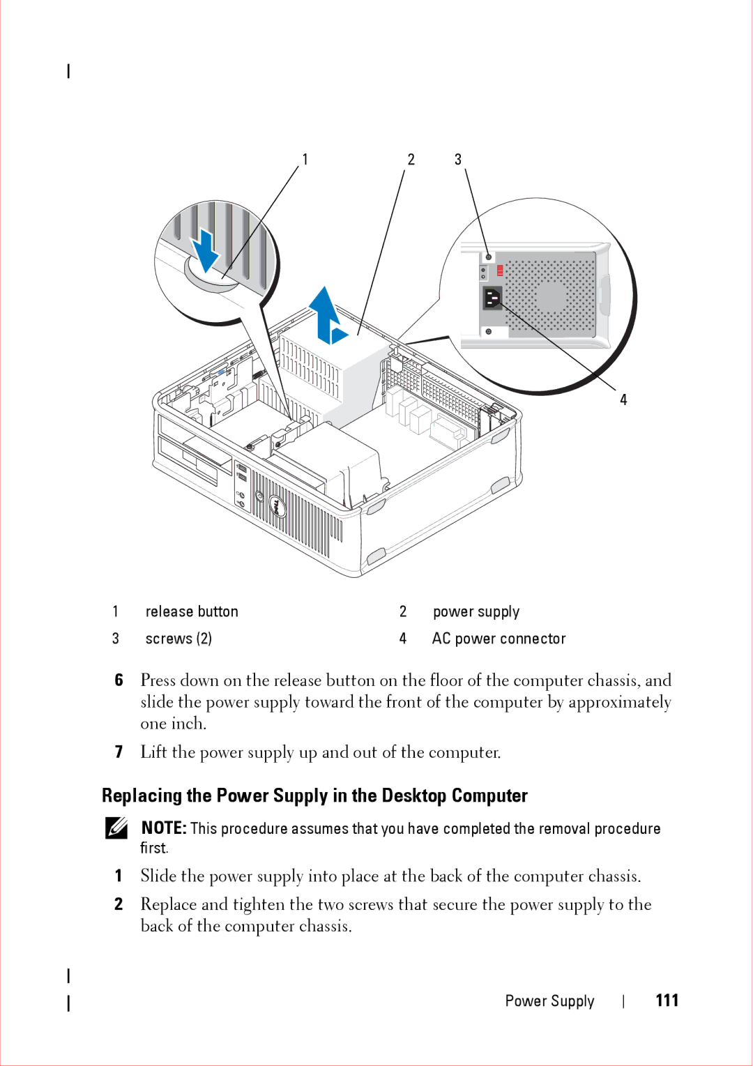 Dell 360 service manual Replacing the Power Supply in the Desktop Computer, 111 