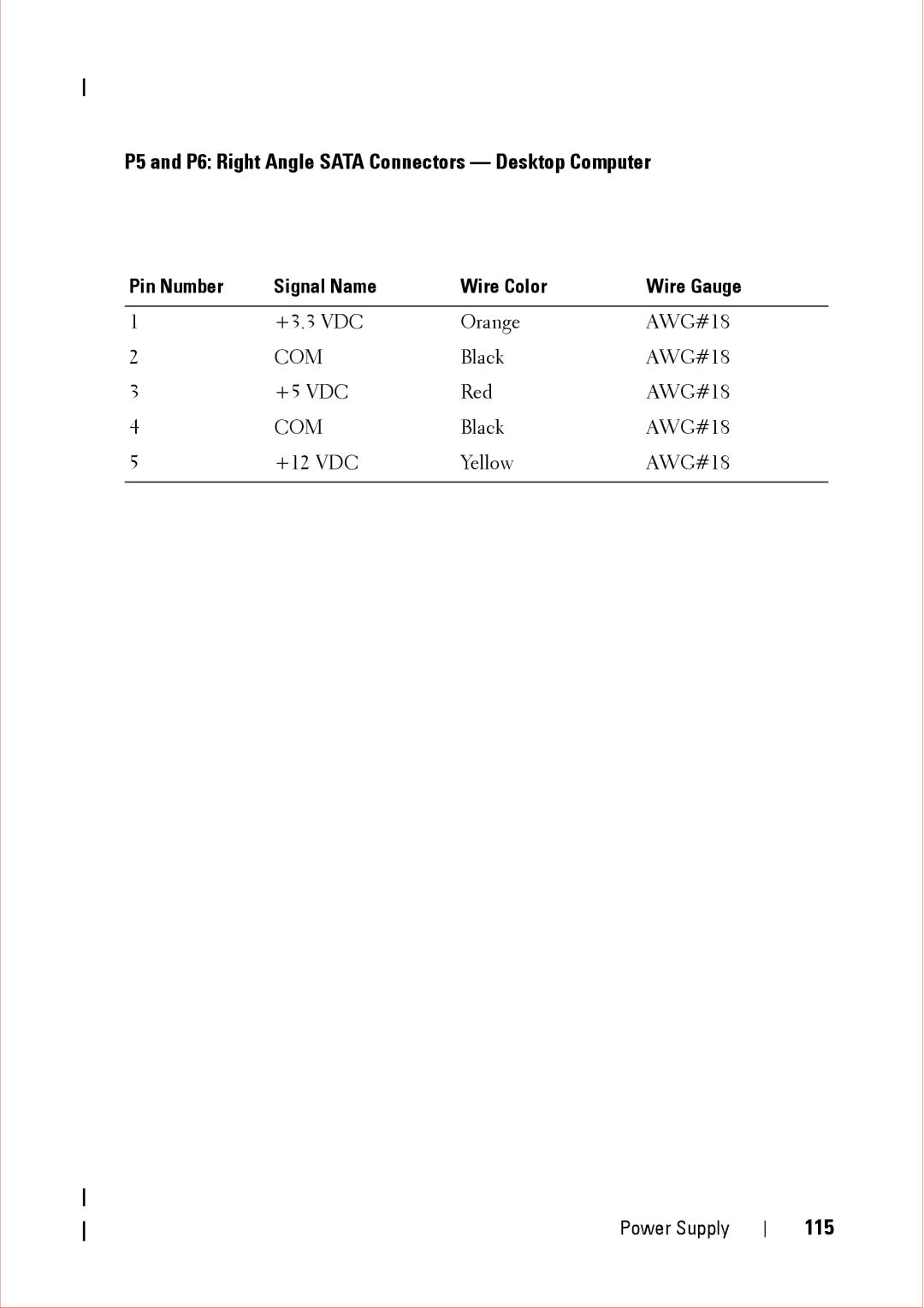 Dell 360 service manual P5 and P6 Right Angle Sata Connectors Desktop Computer, 115 