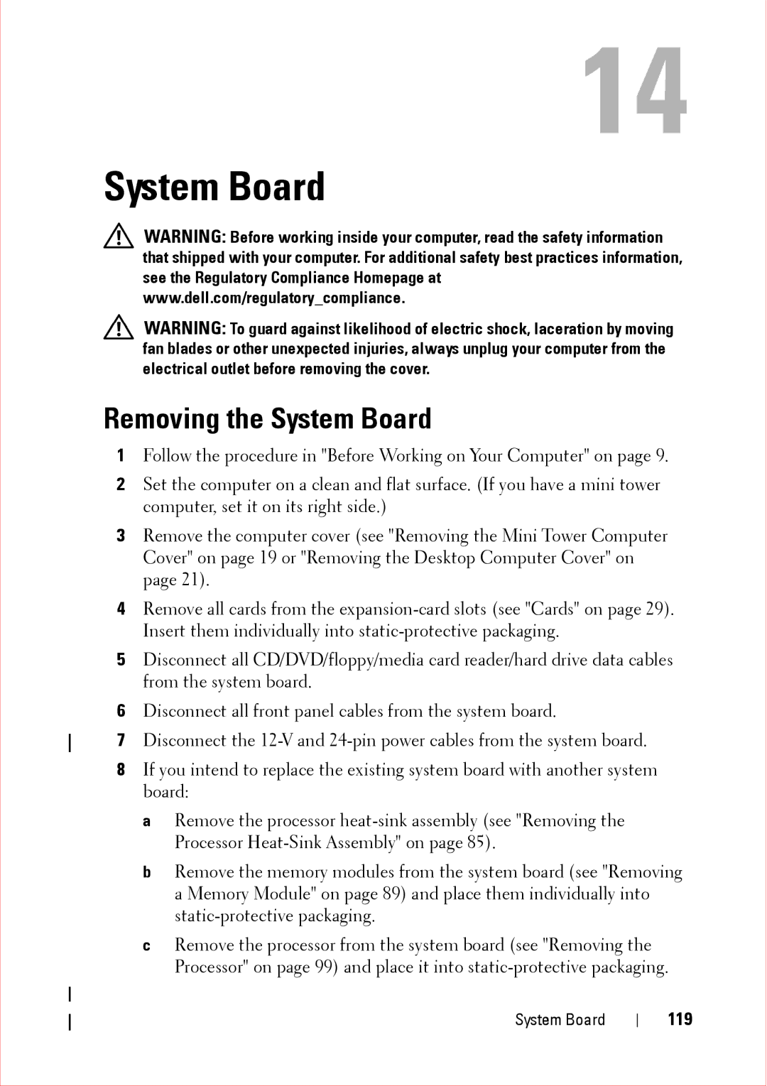 Dell 360 service manual Removing the System Board, 119 