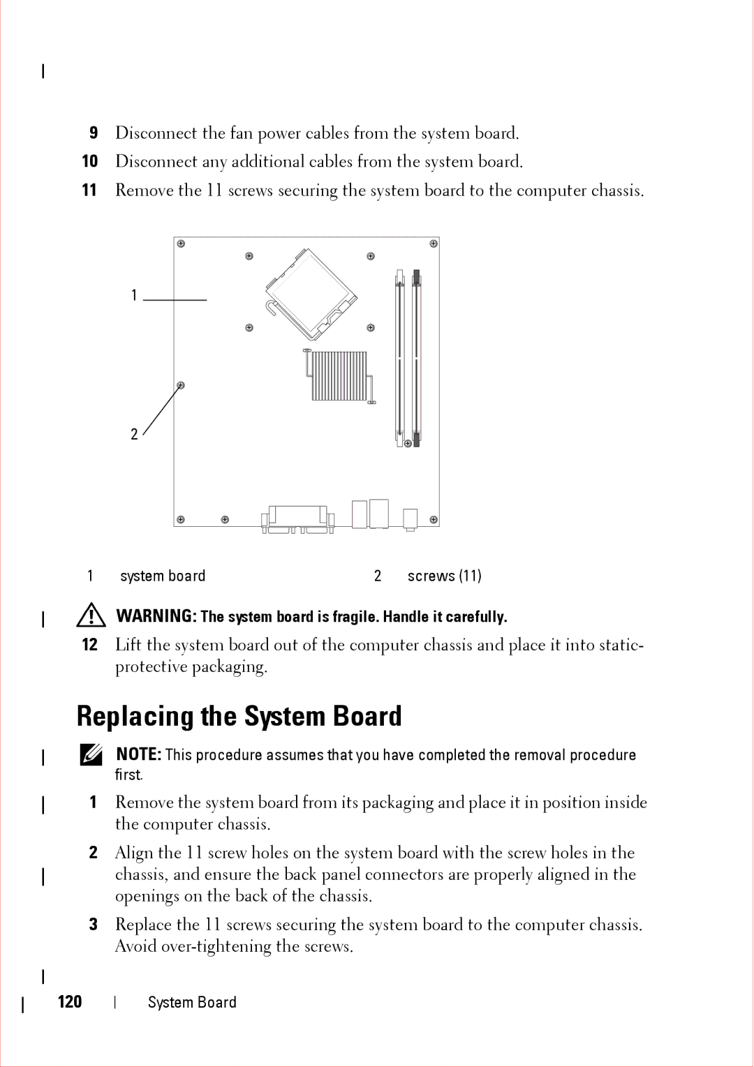 Dell 360 service manual Replacing the System Board, 120 