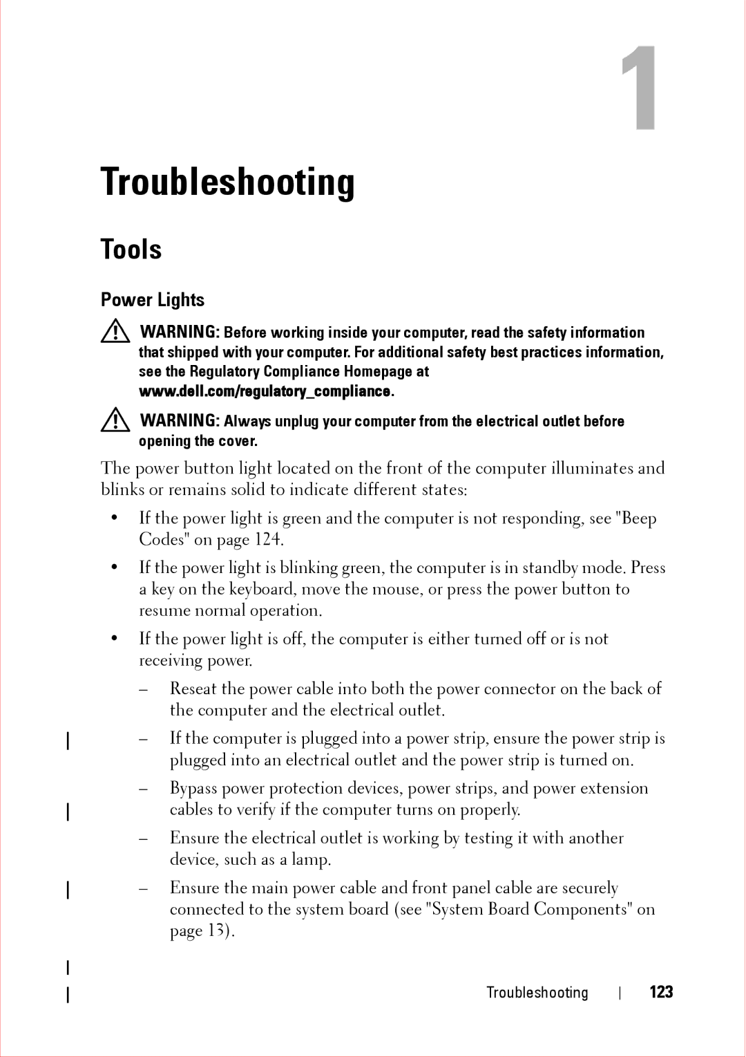 Dell 360 service manual Troubleshooting, Tools, Power Lights, 123 