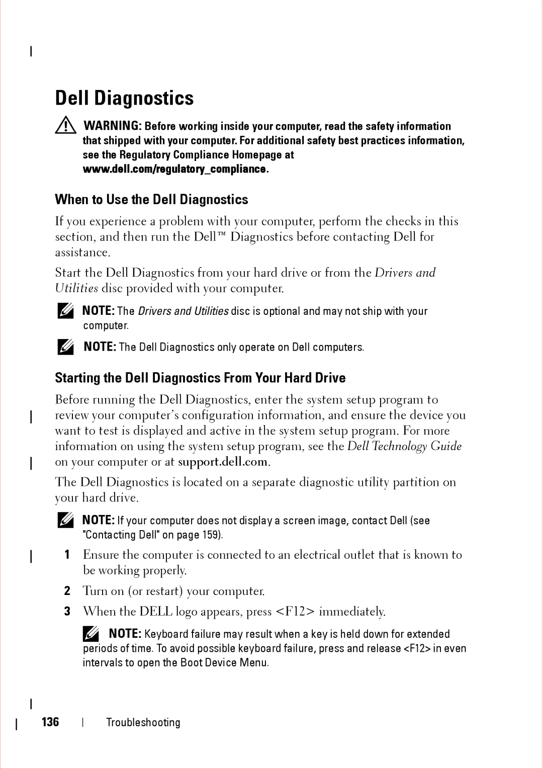 Dell 360 service manual When to Use the Dell Diagnostics, Starting the Dell Diagnostics From Your Hard Drive, 136 