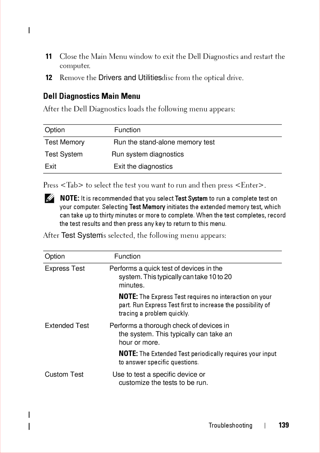 Dell 360 service manual Dell Diagnostics Main Menu, 139 