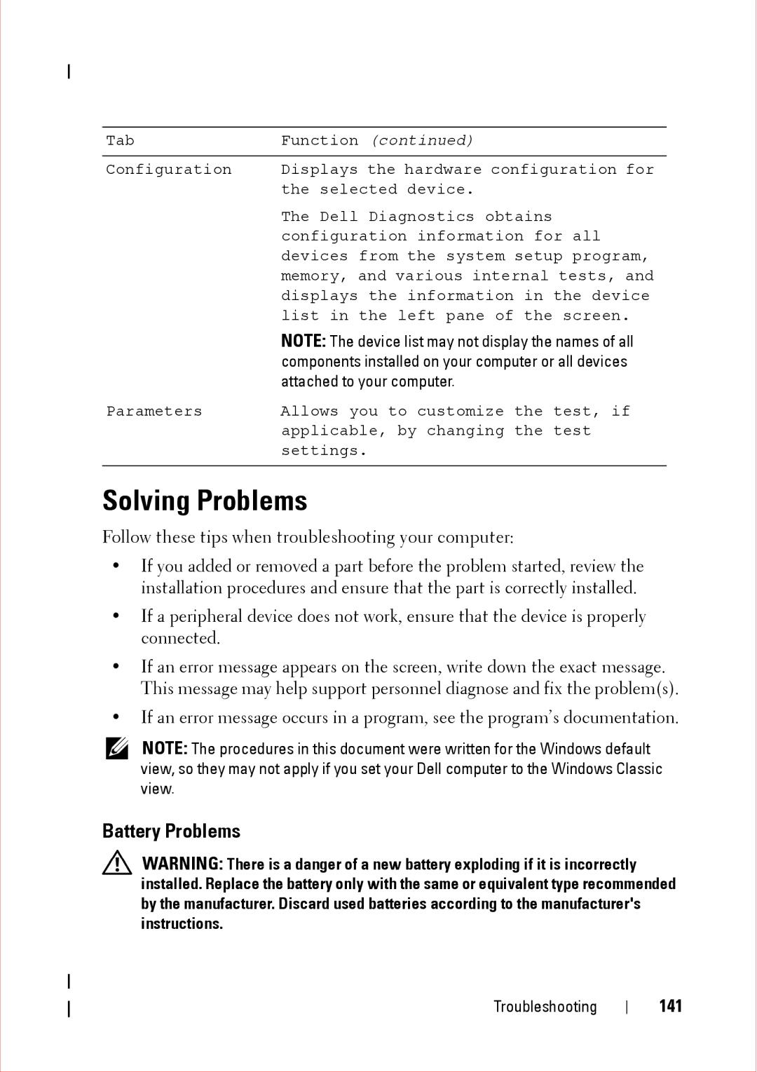 Dell 360 service manual Solving Problems, Battery Problems, 141 