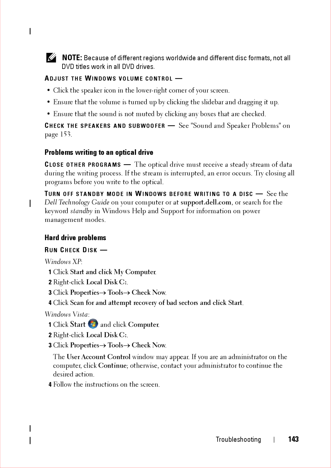 Dell 360 service manual Problems writing to an optical drive, Hard drive problems, 143 