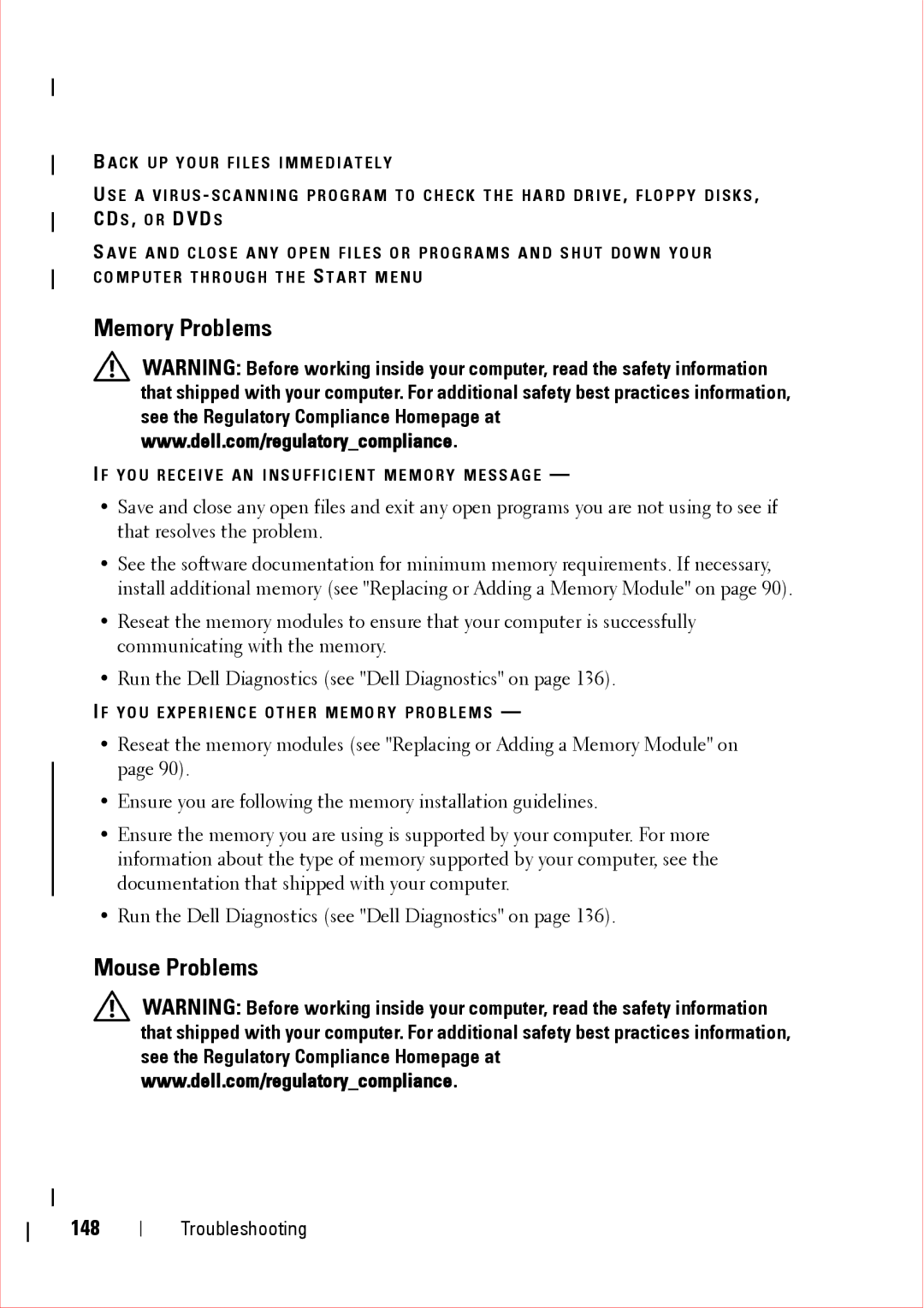 Dell 360 service manual Memory Problems, Mouse Problems, 148 