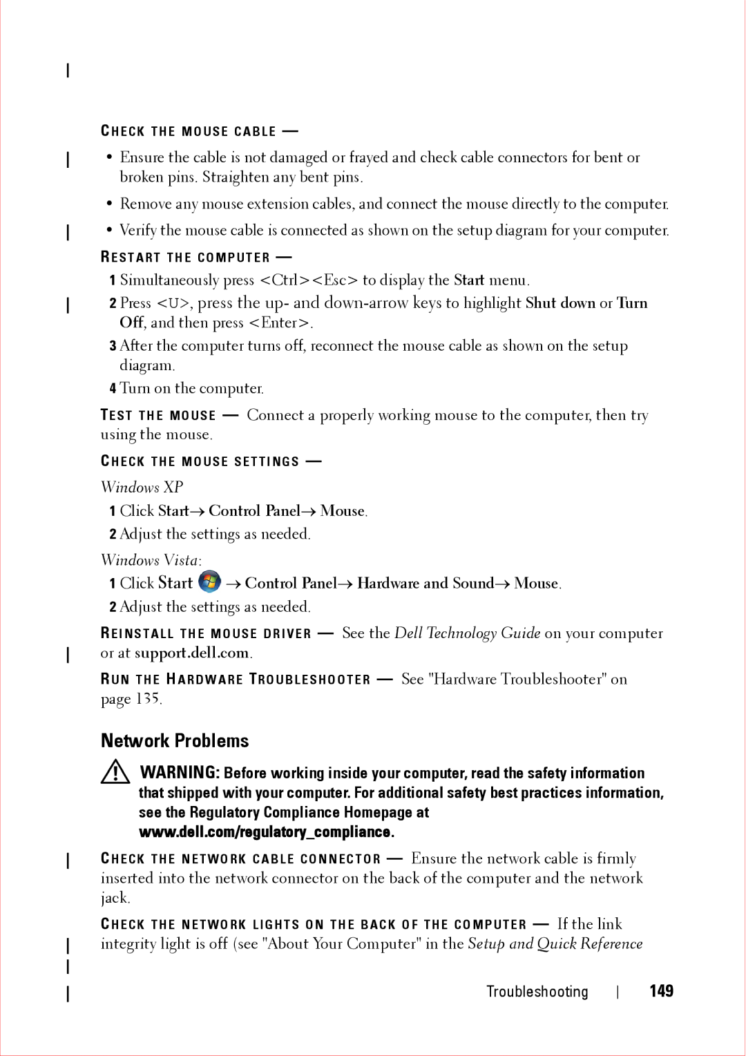 Dell 360 service manual Network Problems, 149 