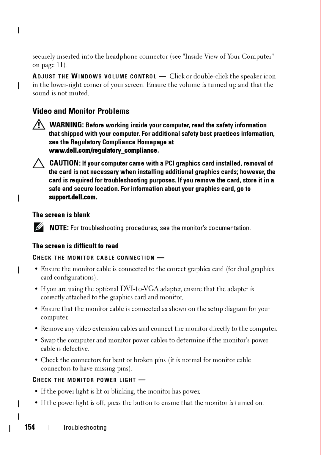 Dell 360 service manual Video and Monitor Problems, Screen is blank Screen is difficult to read, 154 