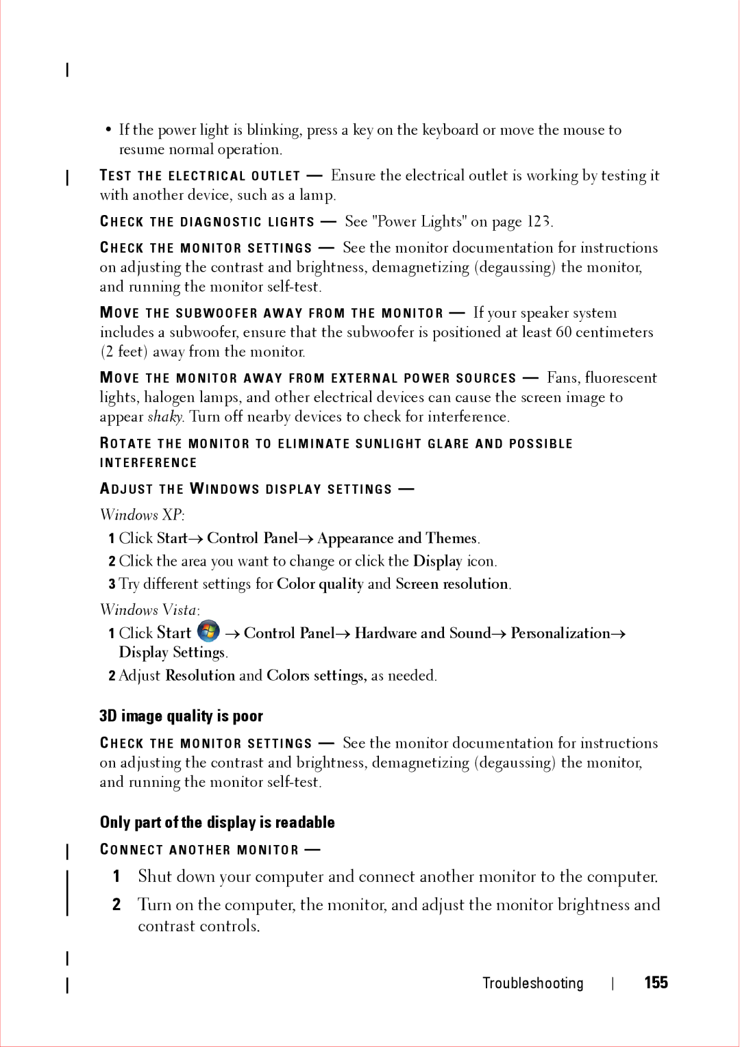 Dell 360 service manual 3D image quality is poor, Only part of the display is readable, 155 