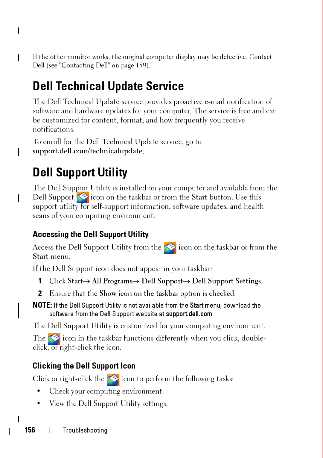 Dell 360 Dell Technical Update Service, Accessing the Dell Support Utility, Clicking the Dell Support Icon, 156 