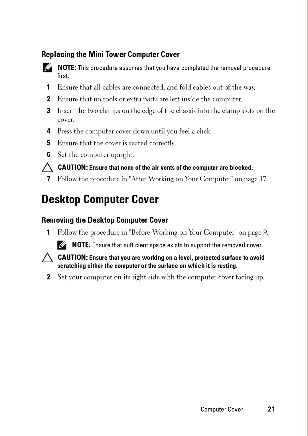 Dell 360 service manual Replacing the Mini Tower Computer Cover, Removing the Desktop Computer Cover 