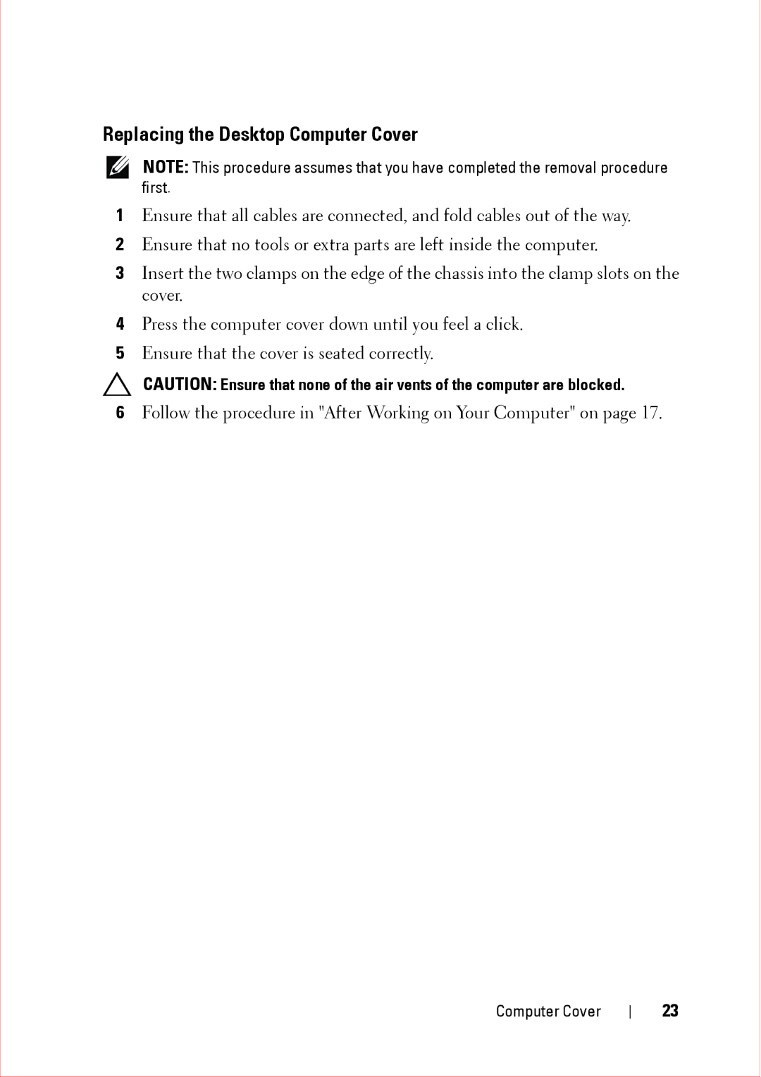 Dell 360 service manual Replacing the Desktop Computer Cover 