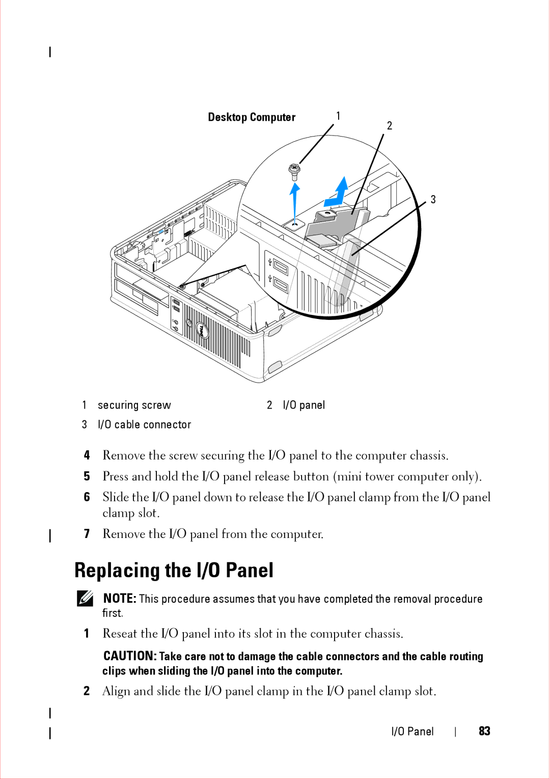 Dell 360 service manual Replacing the I/O Panel 