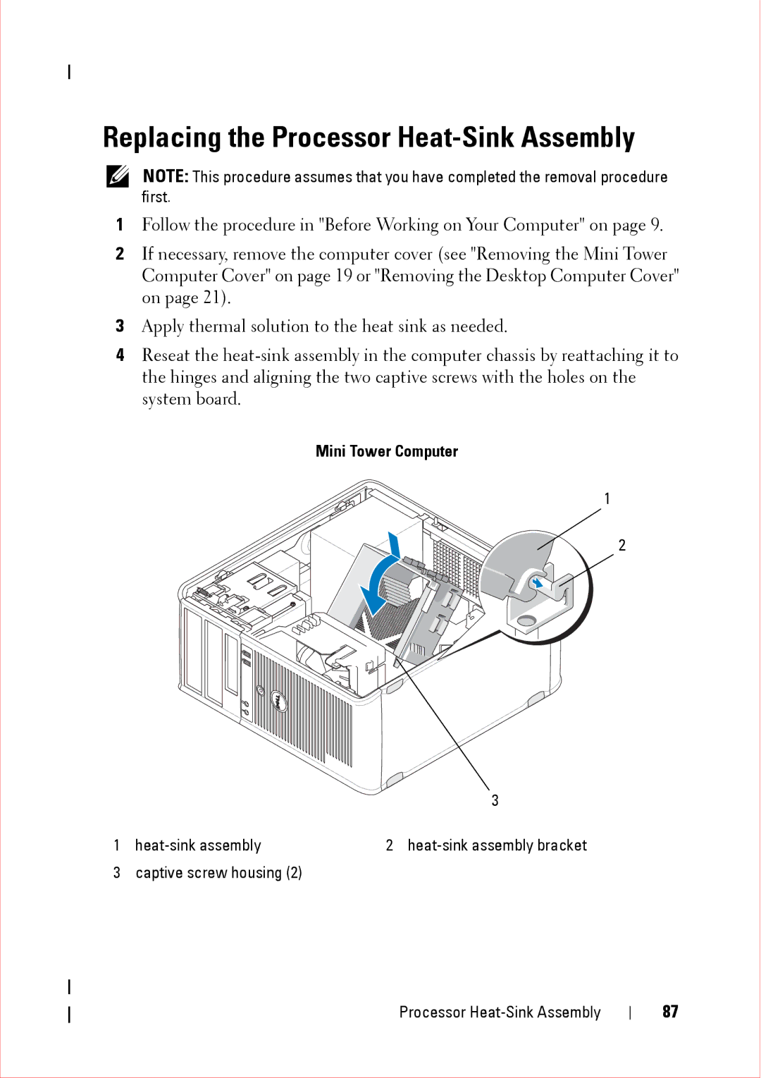 Dell 360 service manual Replacing the Processor Heat-Sink Assembly 