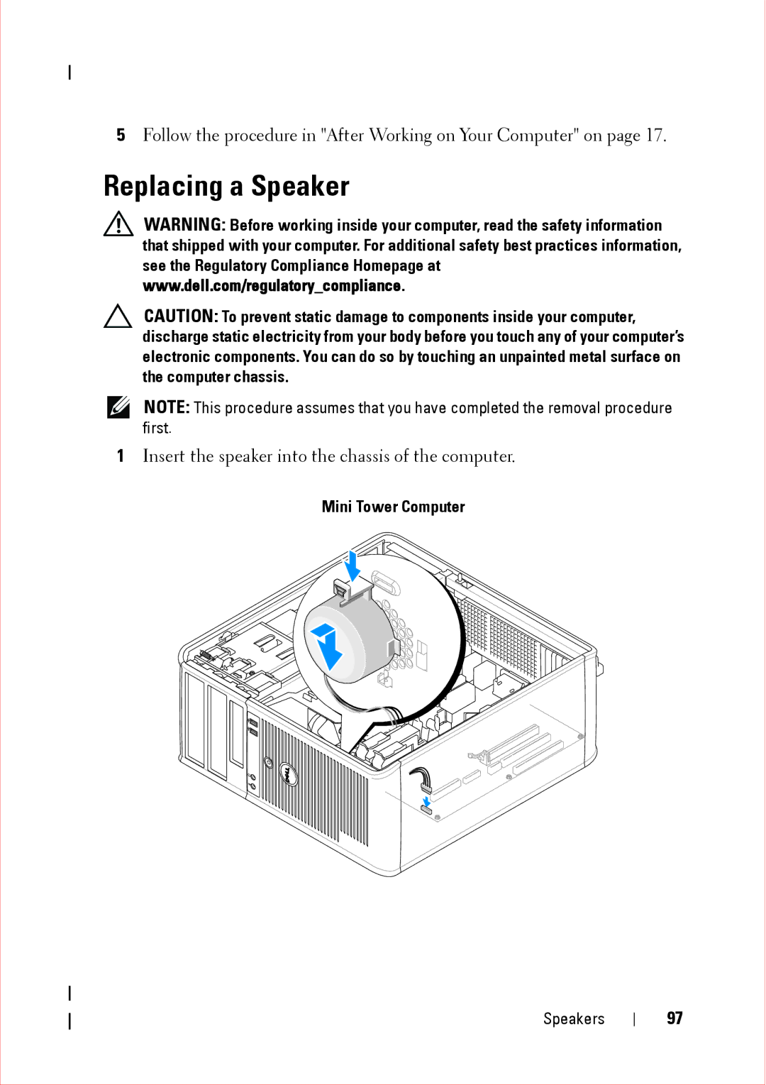 Dell 360 service manual Replacing a Speaker 