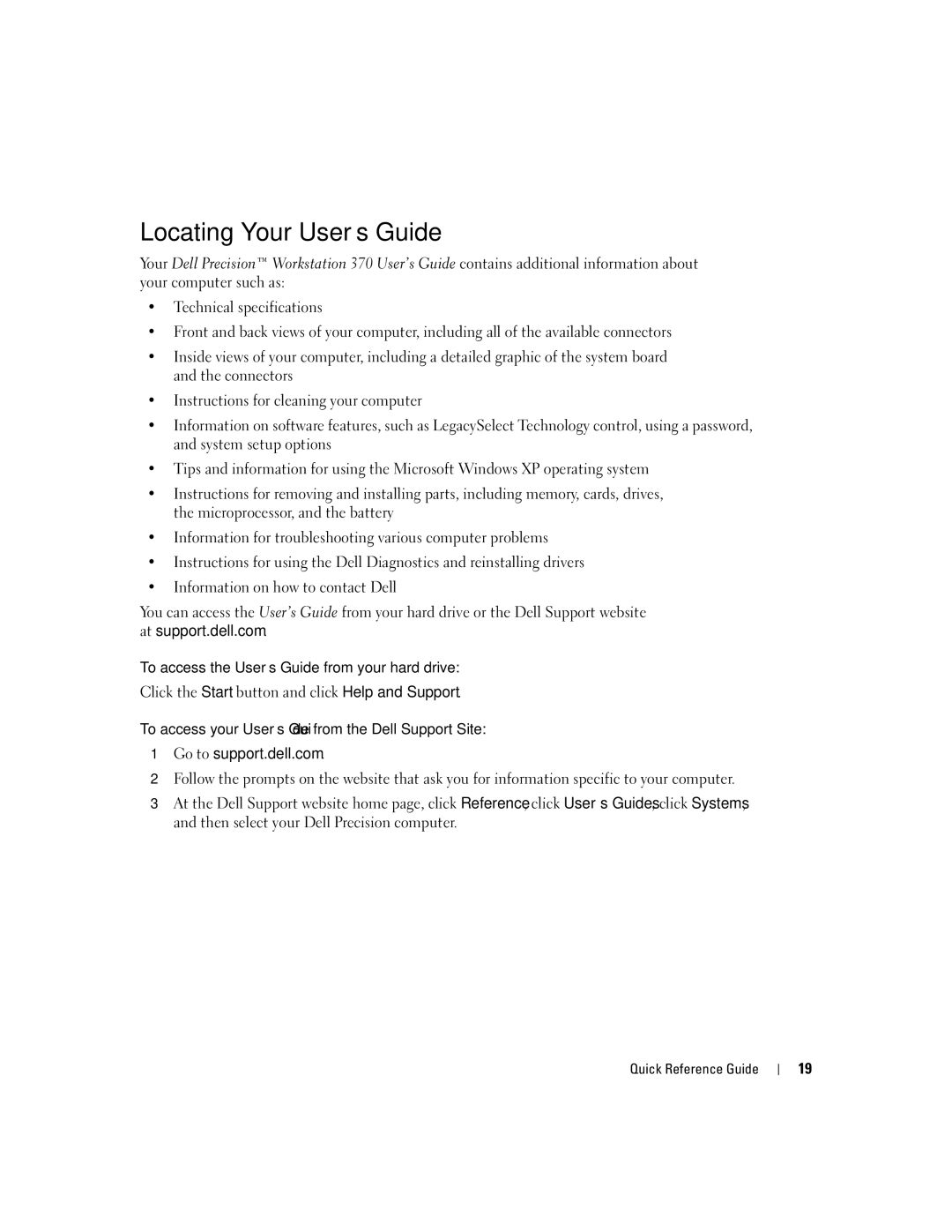 Dell X3156, 370 manual Locating Your User’s Guide, To access your User’s Guide from the Dell Support Site 