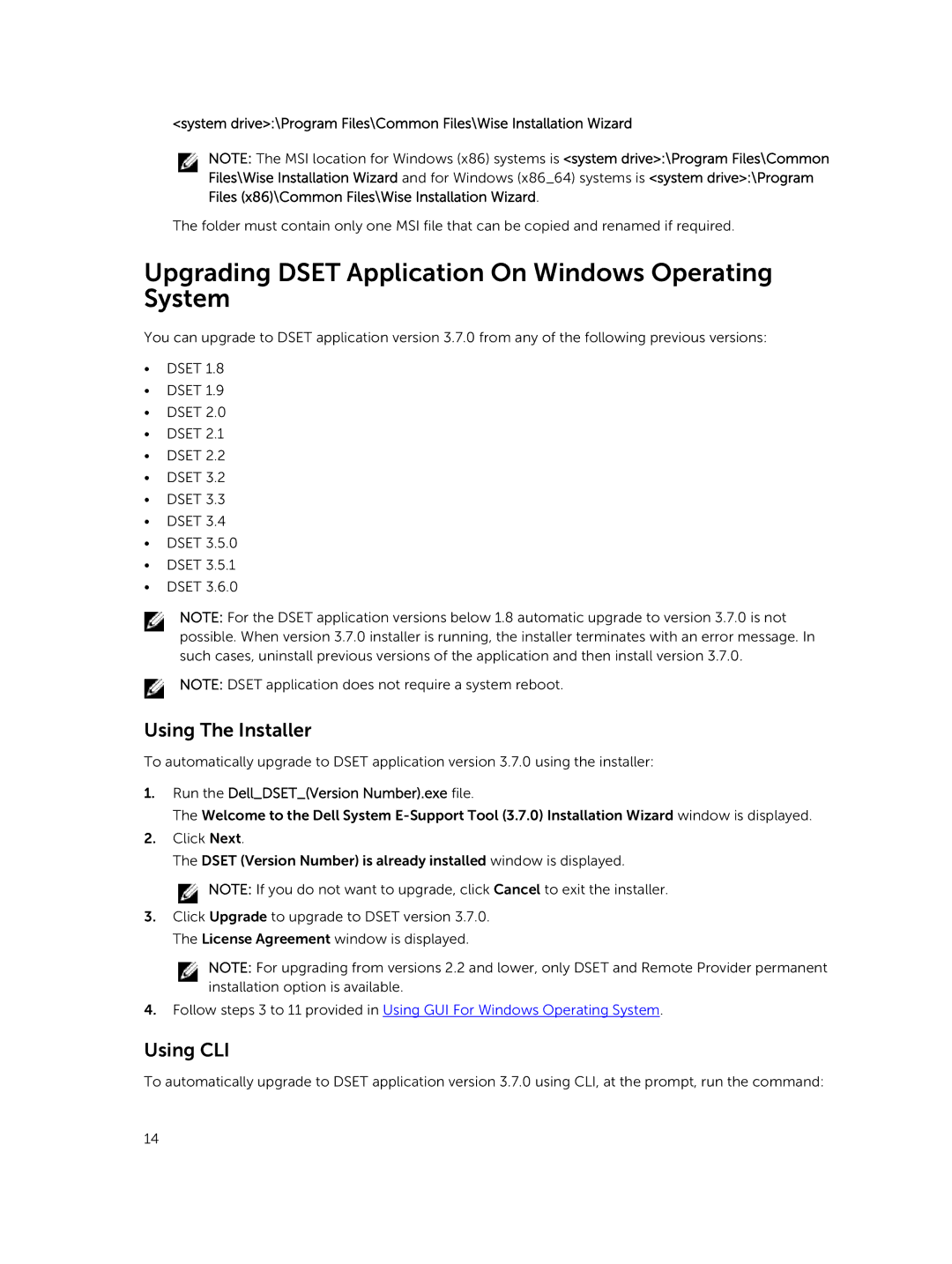 Dell 3.7.0 manual Upgrading Dset Application On Windows Operating System, Using The Installer, Using CLI 