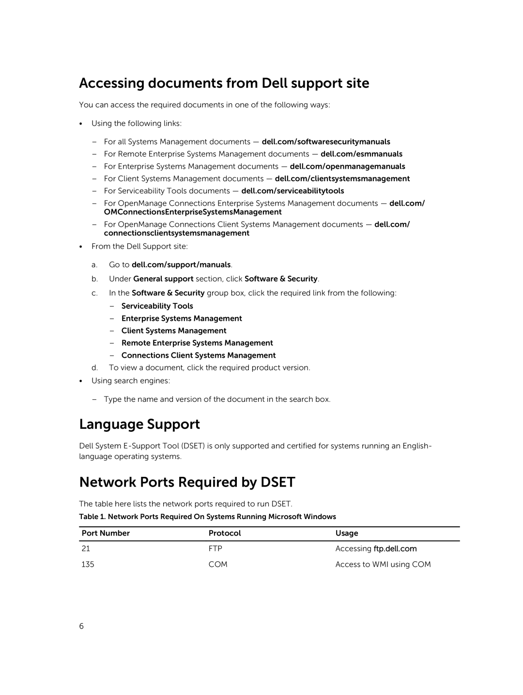 Dell 3.7.0 manual Accessing documents from Dell support site, Language Support, Network Ports Required by Dset 