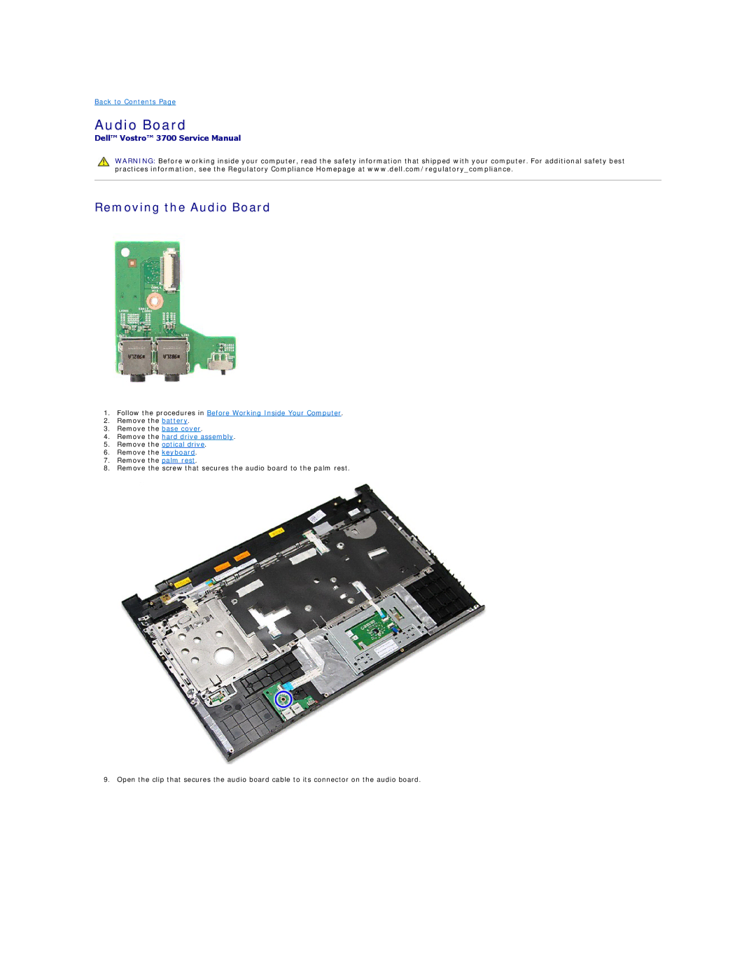 Dell 3700 specifications Removing the Audio Board 