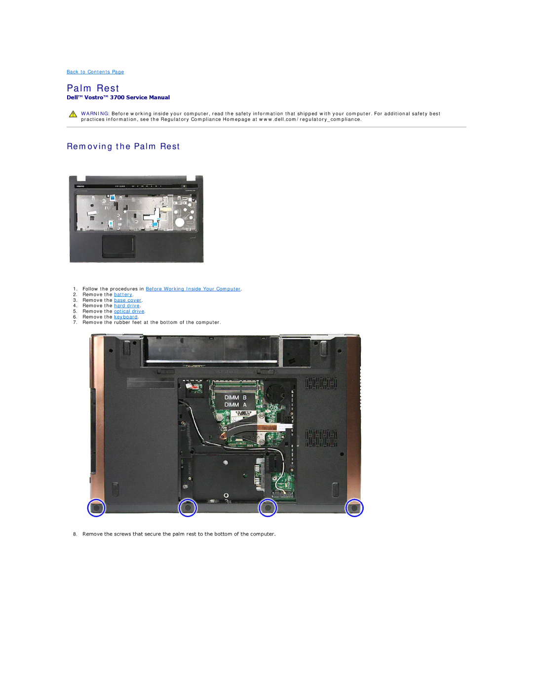 Dell 3700 specifications Removing the Palm Rest 