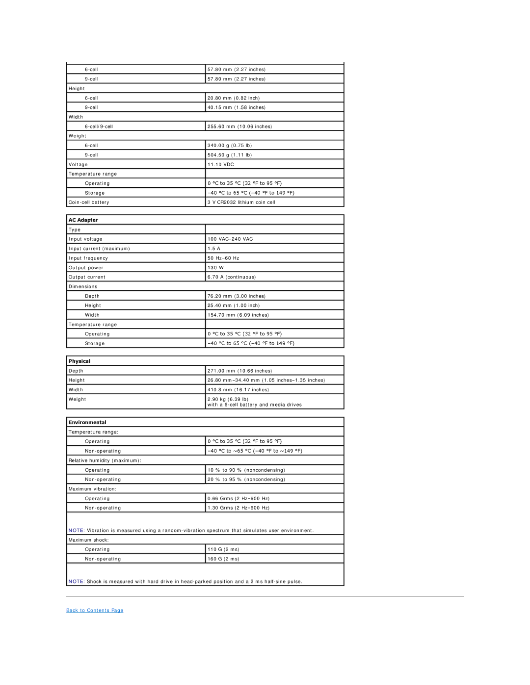 Dell 3700 specifications AC Adapter, Physical, Environmental 