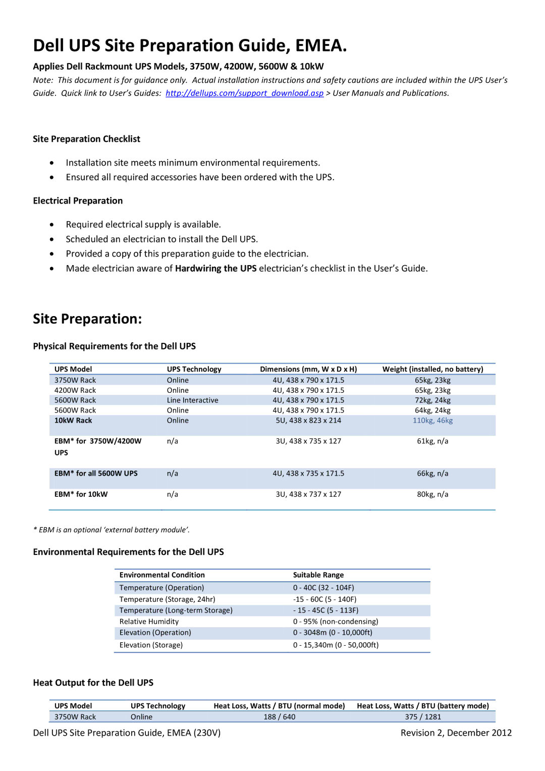 Dell 10KW installation instructions Site Preparation, Electrical Preparation, Physical Requirements for the Dell UPS 