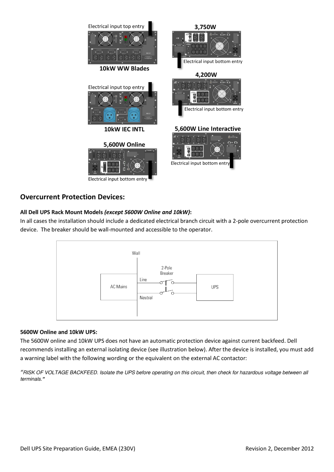 Dell 10KW, 3750W, 4200W Overcurrent Protection Devices, All Dell UPS Rack Mount Models except 5600W Online and 10kW 