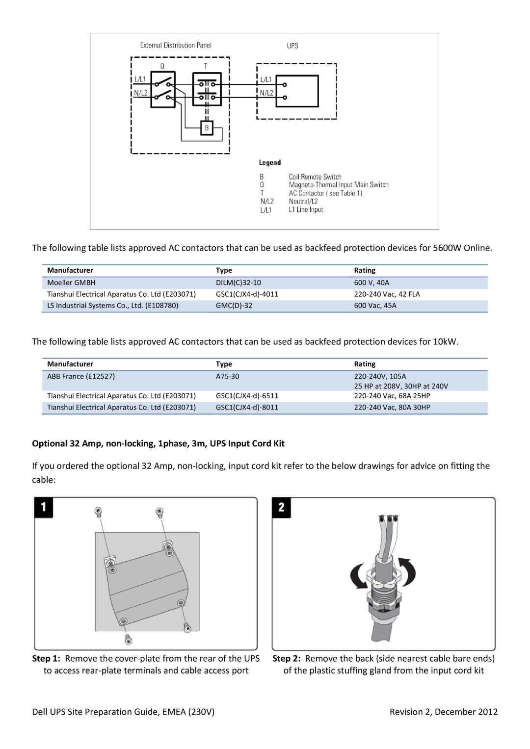 Dell 5600W, 3750W, 10KW, 4200W Optional 32 Amp, non-locking, 1phase, 3m, UPS Input Cord Kit, Manufacturer Type Rating 