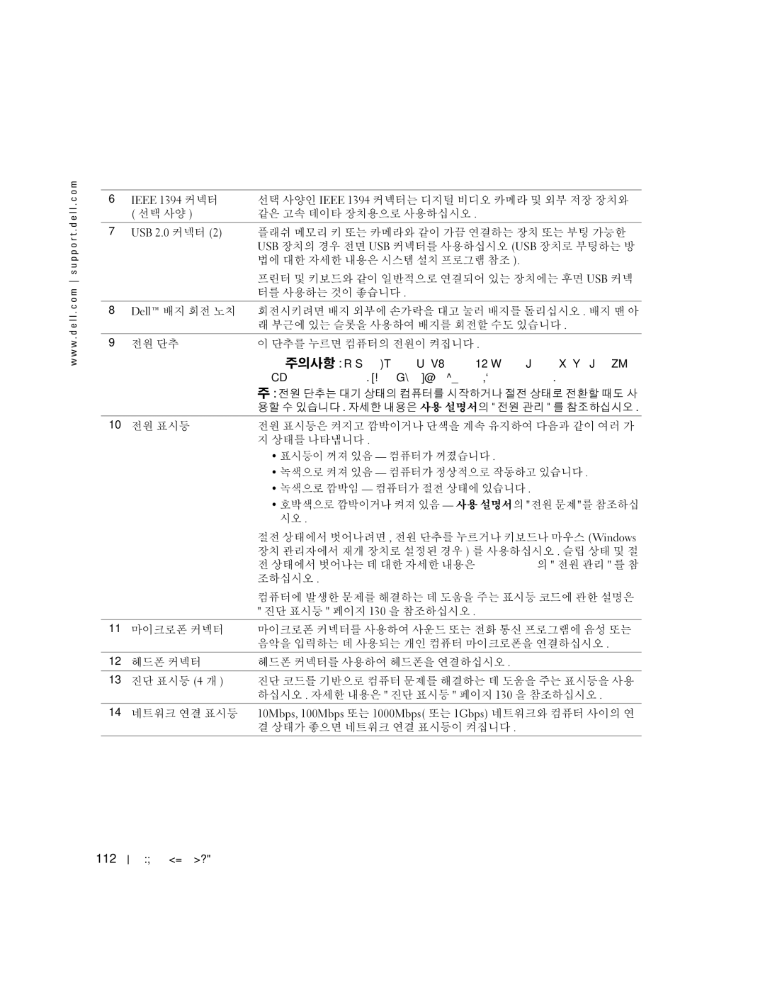 Dell 380, K8642 manual 112, 10Mbps, 100Mbps 또는 1000Mbps 또는 1Gbps 네트워크와 컴퓨터 사이의 연 