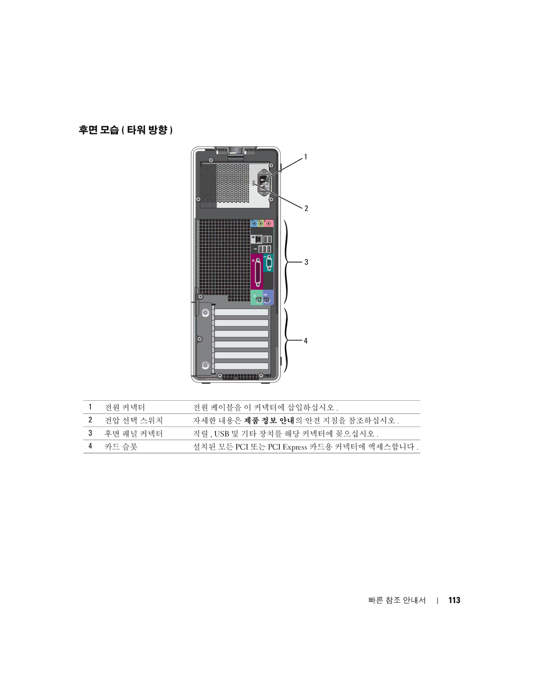 Dell K8642, 380 manual 후면 모습 타워 방향, 113 