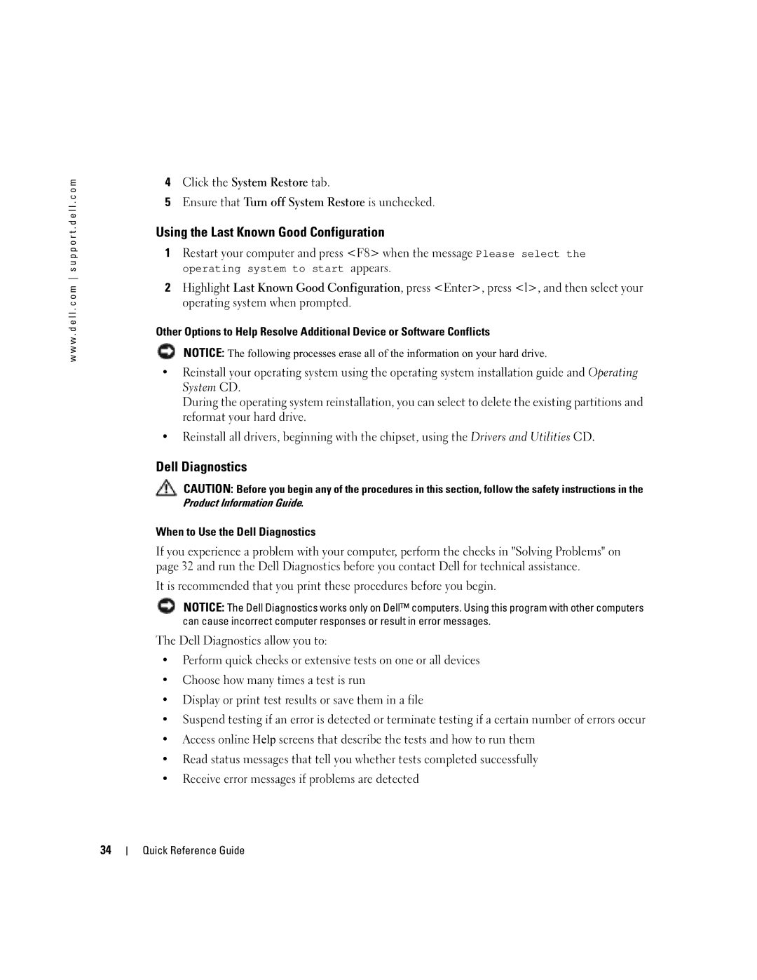 Dell 380 manual Using the Last Known Good Configuration, Dell Diagnostics, Ensure that Turn off System Restore is unchecked 