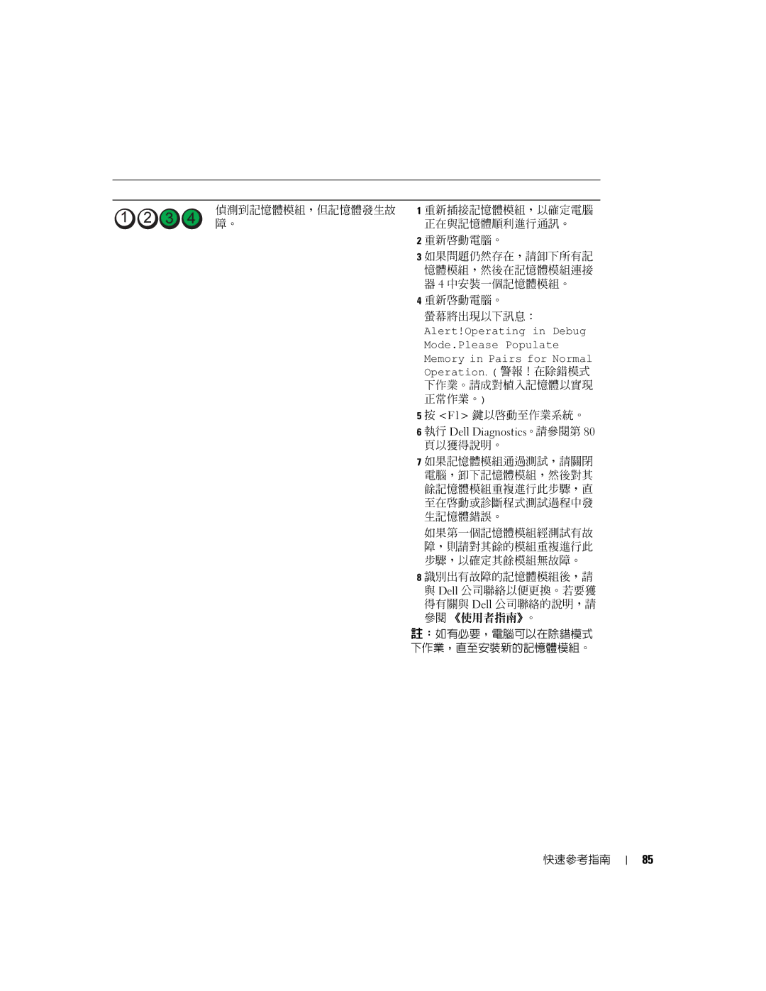 Dell K8642, 380 manual Alert!Operating in Debug Mode.Please Populate, 執行 Dell Diagnostics。請參閱第 