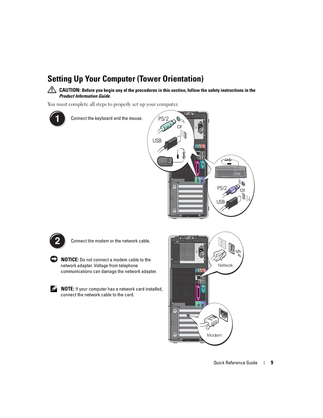 Dell K8642, 380 Setting Up Your Computer Tower Orientation, Product Information Guide, Connect the keyboard and the mouse 