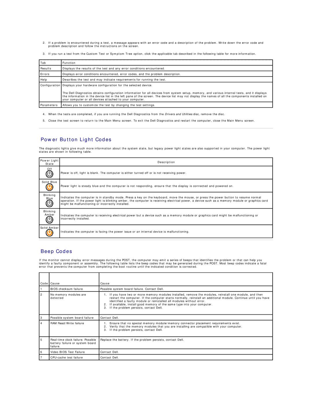 Dell 380 specifications Power Button Light Codes, Beep Codes, Tab Function, Code Cause 