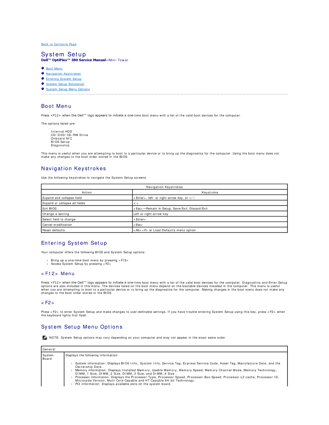 Dell 380 specifications Boot Menu, Navigation Keystrokes, Entering System Setup, System Setup Menu Options 